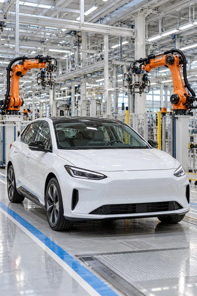 White Car in a Modern Assembly Hall