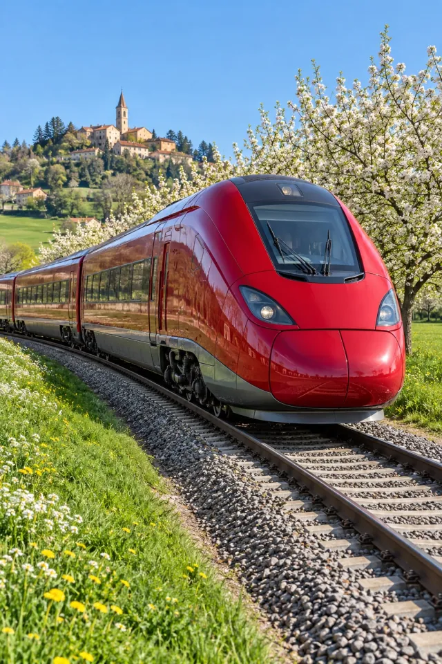 Modern Train among Spring Fields