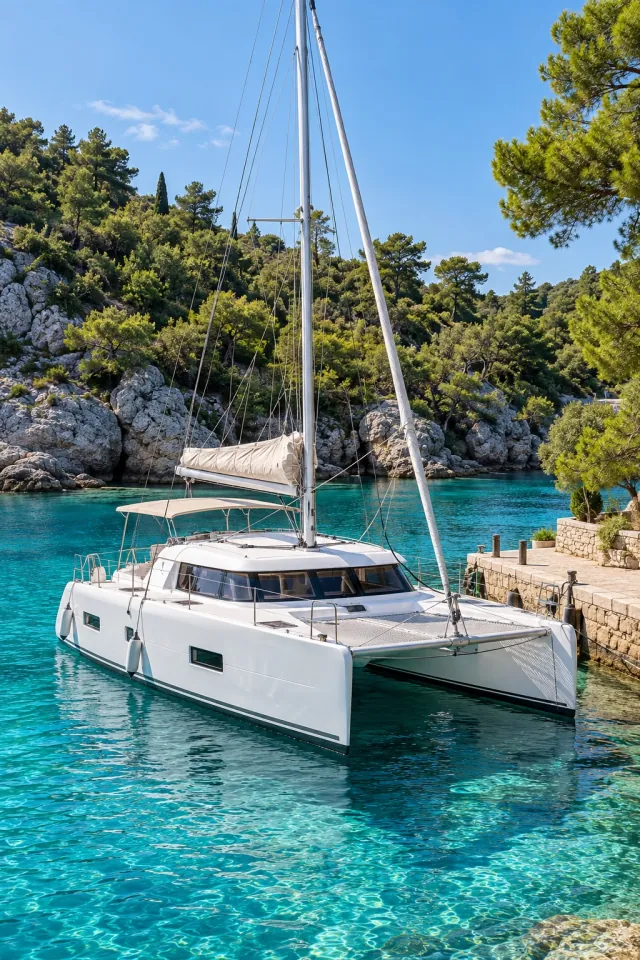 Sailing Catamaran in a Clear Cove
