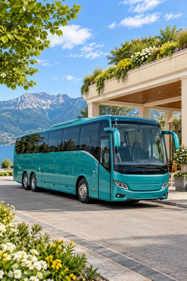 Teal Coach at a Garden Stop