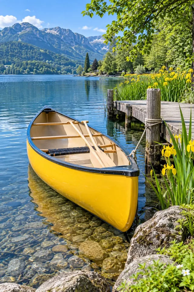 Yellow Canoe by an Iris Shore