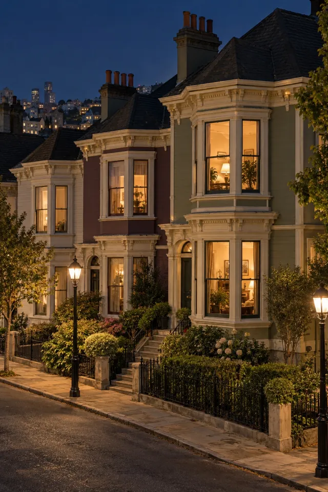 Victorian Bay Windows at Night