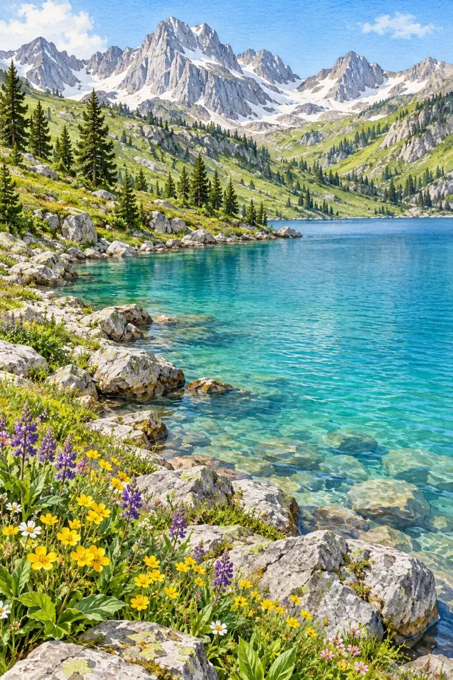 Mountain Lake and Alpine Flowers