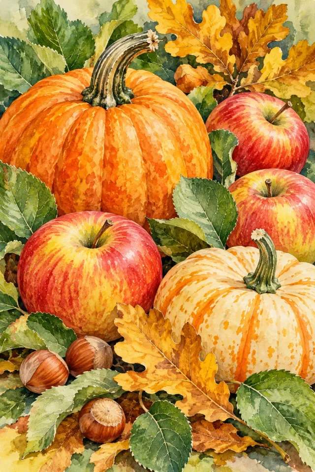 Apples and Pumpkins in Sunny Autumn