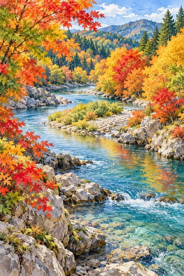 Autumn Maples above a River