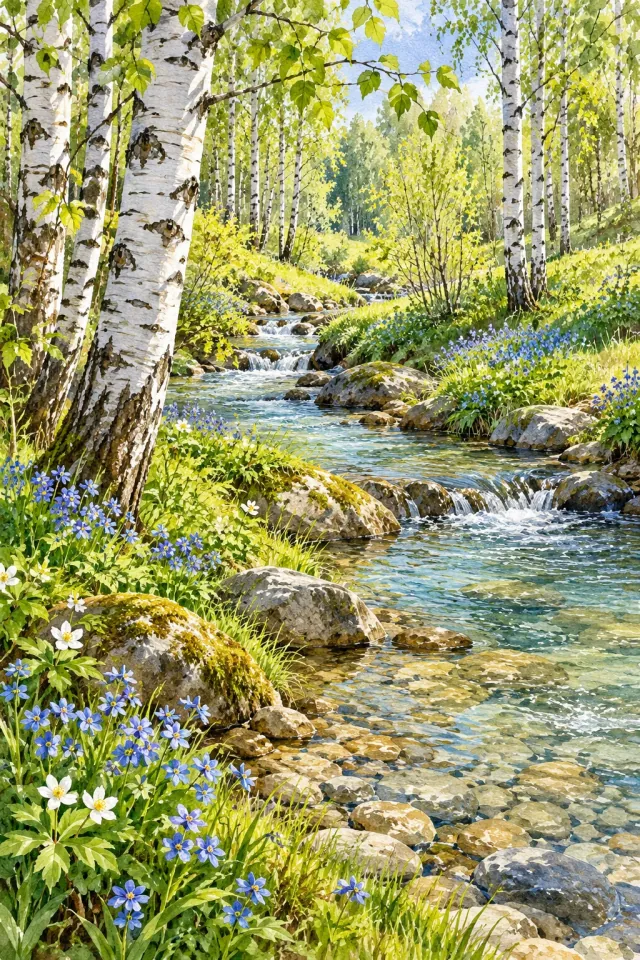 Birches and a Spring Stream
