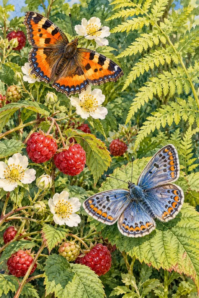 Butterflies among Ferns and Berries