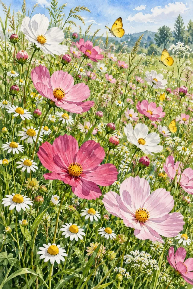 Cosmos and Chamomile in a Meadow