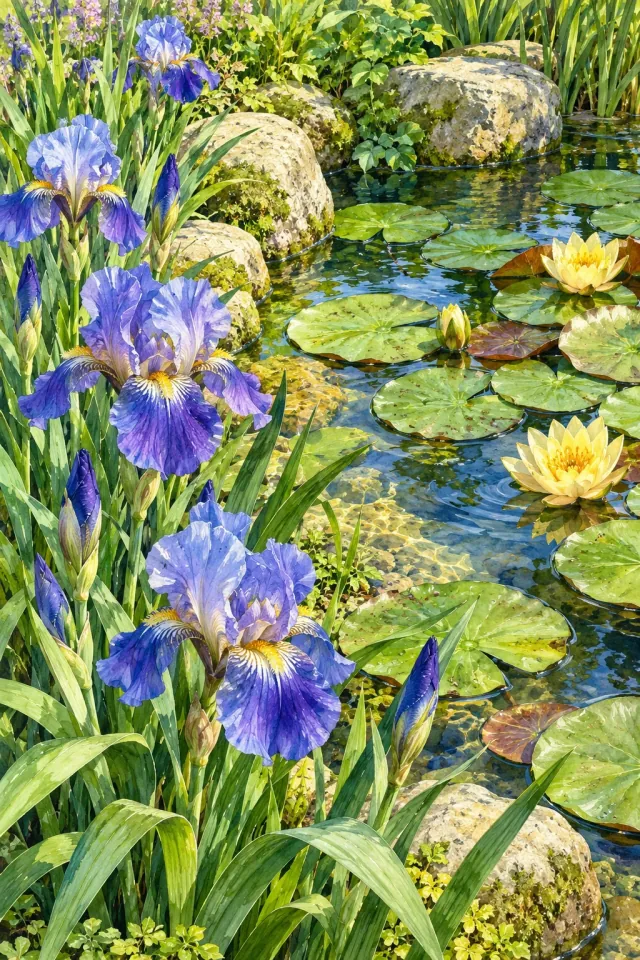 Irises and Water Lilies by a Pond
