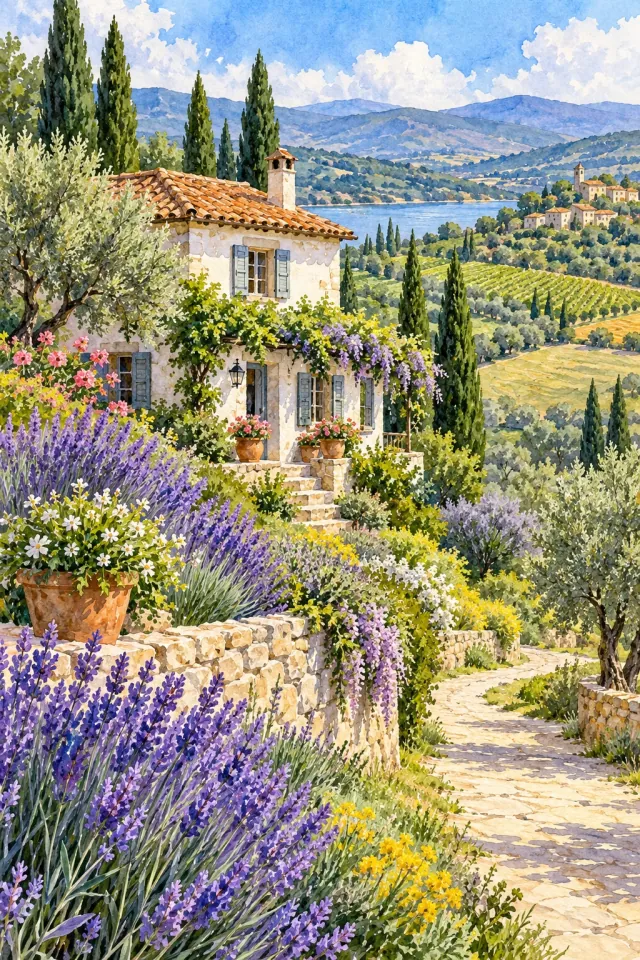 Lavender Hills and a White Cottage