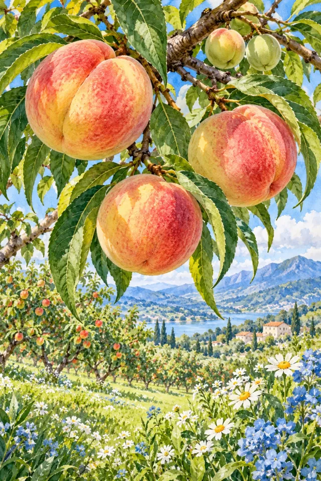 Peach Branch in a Summer Orchard