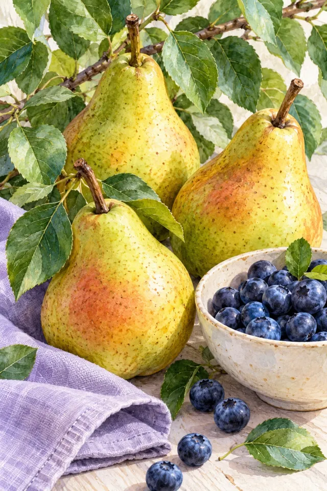 Pears and Blueberries on Ceramics