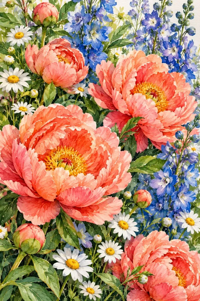 Peonies and Delphiniums